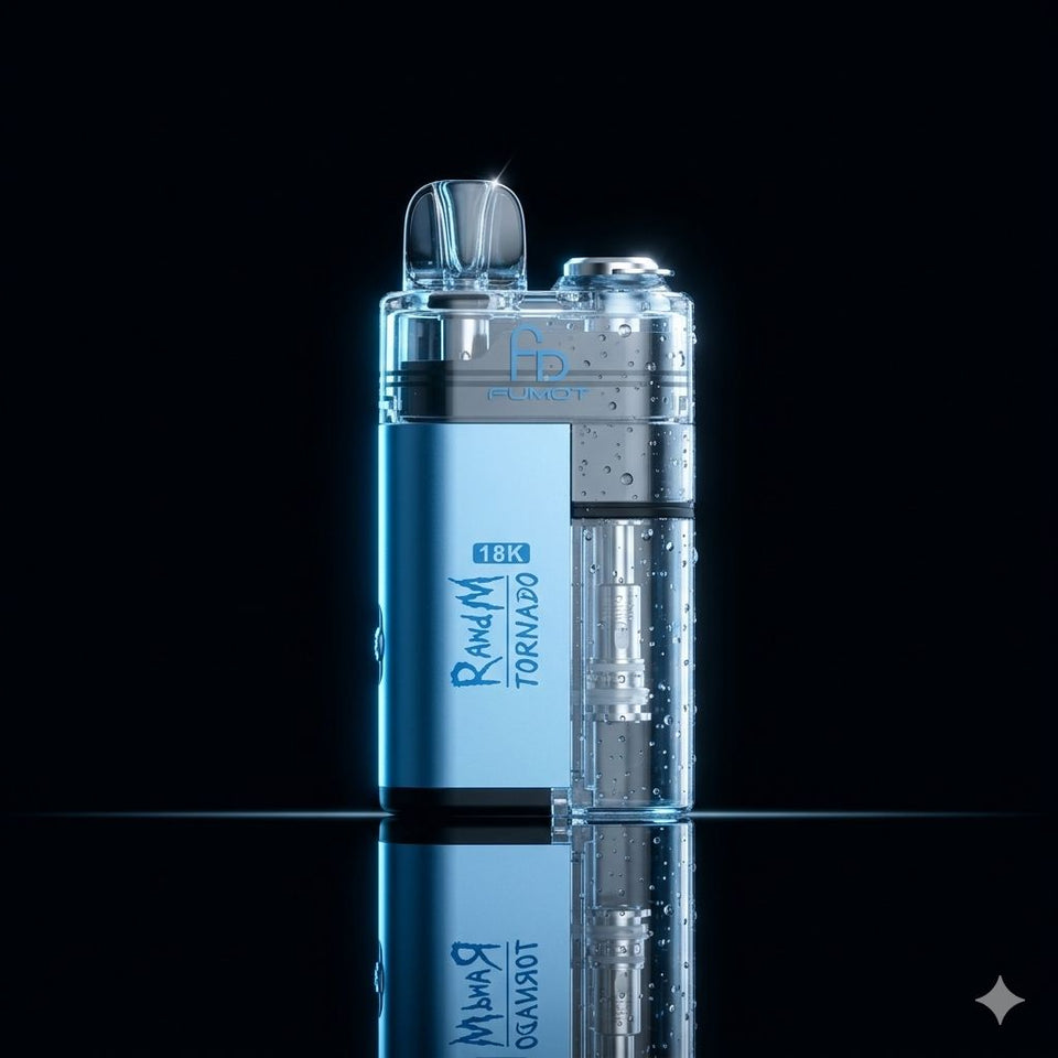 RandM Tornado 18,000 puff disposable vape kit by Fumot — high-puff-count UK disposable with iconic flavour range