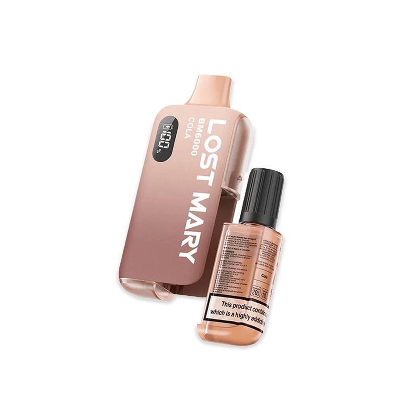 Lost Mary BM6000 Cola prefilled pod kit with dark brown cola-themed packaging