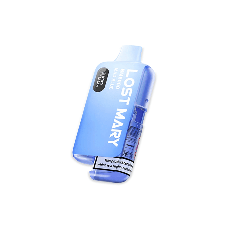Lost Mary BM6000 Mad Blue prefilled pod kit with electric blue raspberry ice design