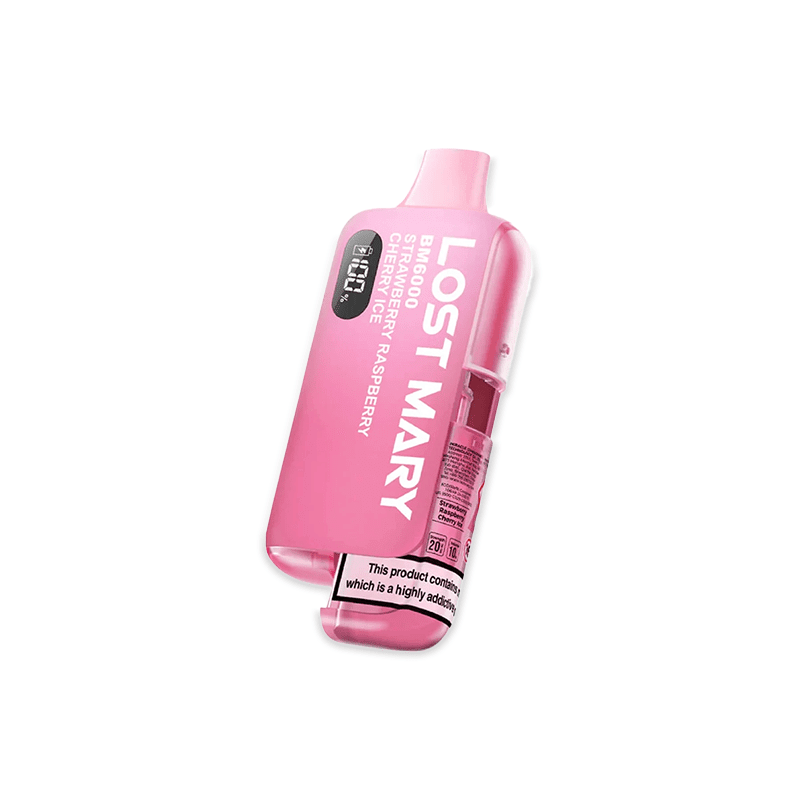 Lost Mary BM6000 Strawberry Raspberry Cherry Ice pod kit with red berry ice design