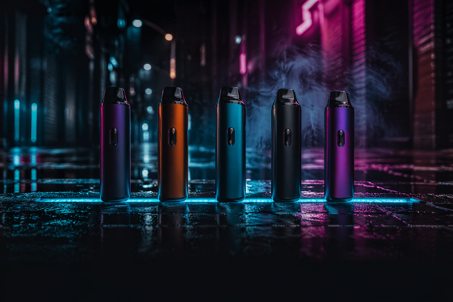 Premium UK vape pod kits — neon-lit street scene with refillable disposable vapes by Lost Mary, Hayati, Al Fakher