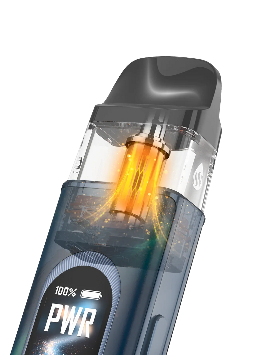 Vaporesso XROS 6 refillable pod vape kit with 0.88 inch colour screen showing battery and power mode
